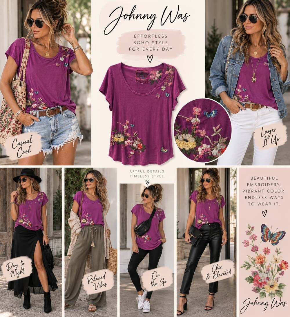 109 Johnny Was Embroidered Floral Butterfly Crew Neck T-Shirt